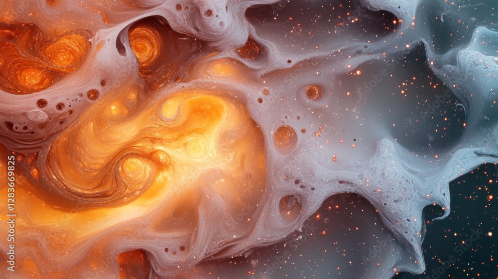 Poster swirling cosmic patterns blend hues of orange gray and glimmering particles creating a stunning back