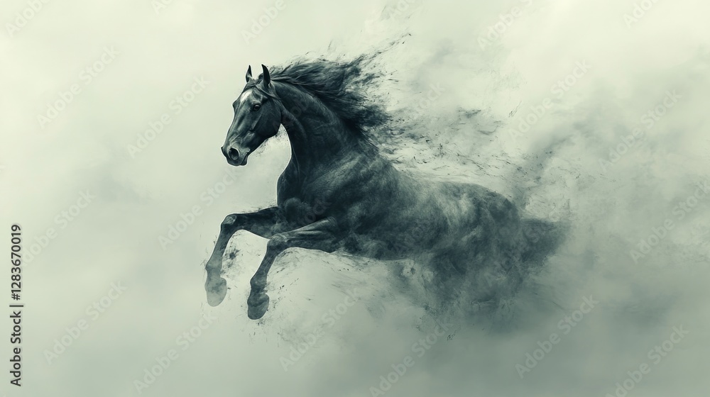 Poster a dynamic horse leaps through a misty environment, creating a sense of motion and power.