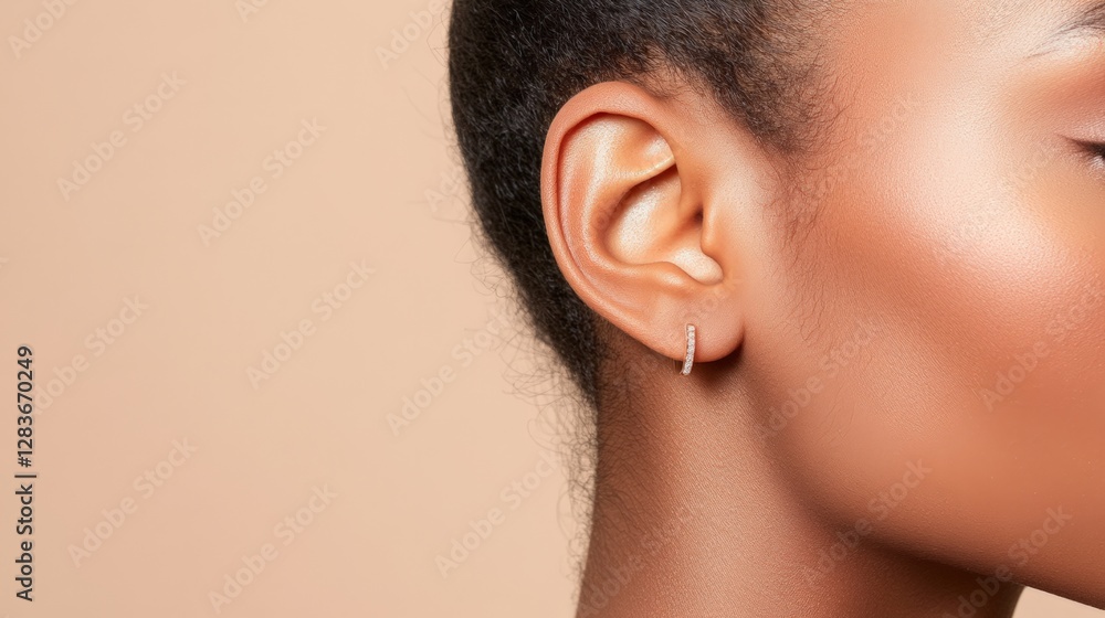 Poster close up view of a woman's ear adorned with a small gold earring, emphasizing the significance of ma