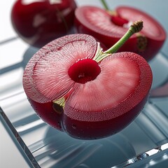 "The Sensual Elegance of a Crimson Cherry: A Close-Up Portrait of Nature’s Sweetest Jewel, Glimmering with Dewdrops on Silken Waves of Light, Capturing the Essence of Temptation, Freshness