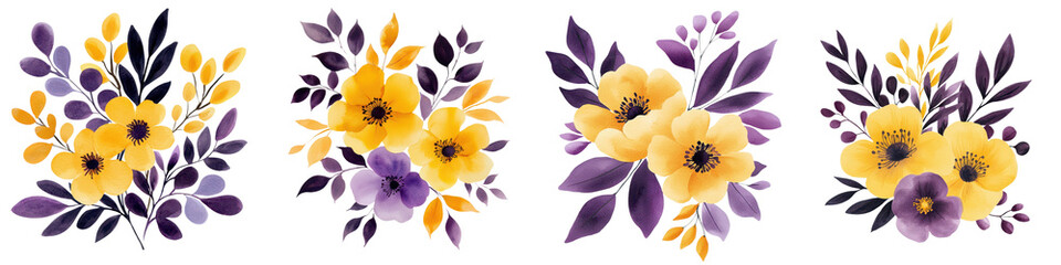Obraz premium Vibrant floral arrangements featuring beautiful yellow and purple blooms with lush foliage creating a stunning abstract botanical design perfect for spring and summer backgrounds decor and