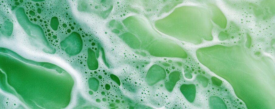 This textured background showcases a vibrant green algae composition with bubbles and fluid patterns. The abstract design offers ample copy space for creative projects enhancing visual appeal