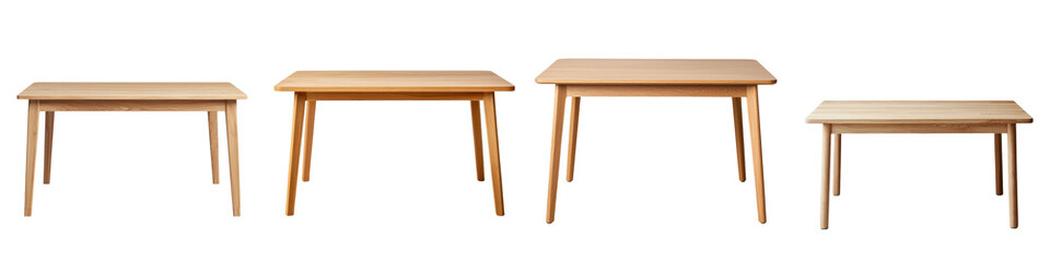 Assortment of minimalist wooden tables in various styles and designs including modern industrial rustic and Scandinavian inspired suitable for home office and commercial spaces