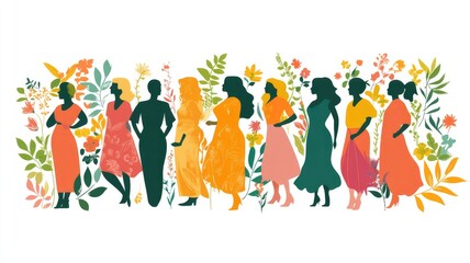 Vector Illustration of Diverse Female Silhouettes with Colorful Leaves and Flowers, Celebrating Women's Diversity on a Pure White Background