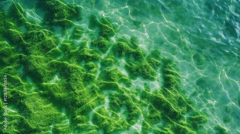 Poster vibrant green algae spread across the water surface illuminated by sunlight. gentle ripples enhance 