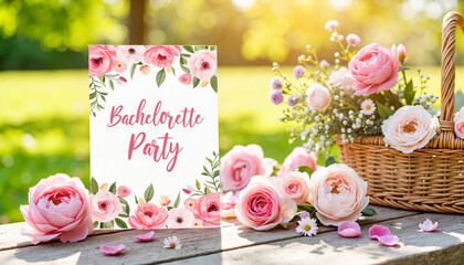  Floral bachelorette party invitation on rustic outdoor table, party, invitation, bachelorette party invitation, wedding, anniversary, background, copy space