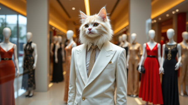 Cat modeling clothes on mannequin.