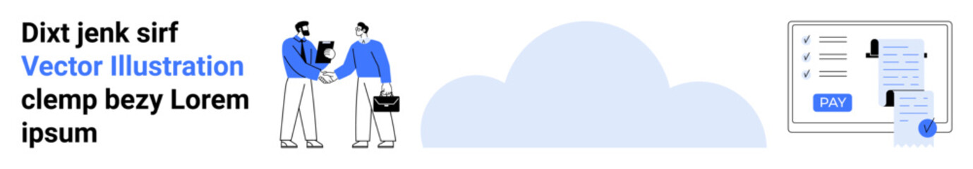 Two professionals shaking hands next to a cloud, a digital document with payment confirmation. Ideal for business partnerships, digital solutions, online payments, collaboration, cloud storage