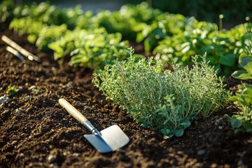 Close-up of vibrant thyme plants growing in rich soil, alongside gardening tools, bathed in warm sunlight in an organic herb garden, evoking a sense of natural abundance.