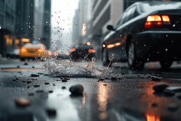 Clearly visible water splashes on the asphalt of the cityscape, breaking during traffic. 