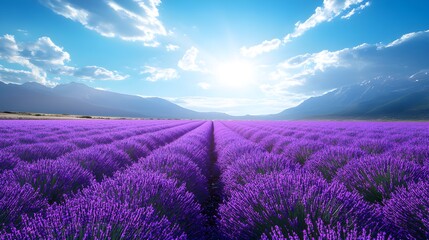 Obraz premium Expansive Lavender Field in Full Bloom Under a Bright Blue Sky – Generative AI