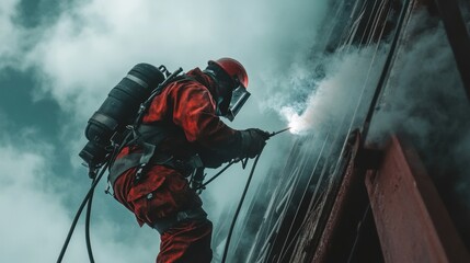 Fototapeta premium Worker Wearing Protective Gear Conducts Welding on Industrial Building