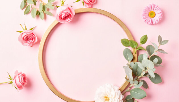 Floral hoop wreath with roses on pastel pink background, party, invitation, bachelorette party invitation, wedding, anniversary, background, copy space