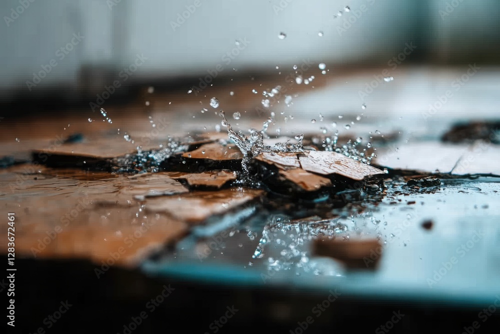Poster cracked tiles and water splashing around, creating splashes.