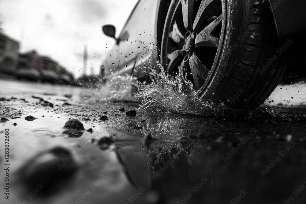 Poster focus on the splash that forms when a car drives through a puddle.