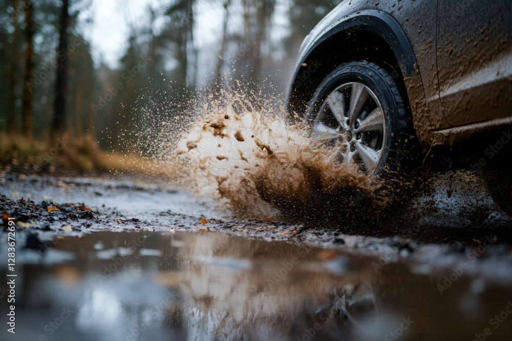 Poster focus on the splash that forms when a car drives through a puddle.