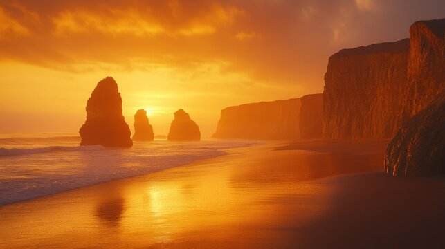 Dramatic sunset over coastal rock formations, golden hour beach scene
