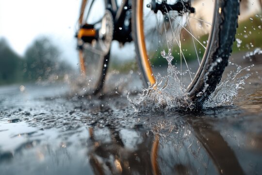 Splashes of water generated when a bicycle slides through a puddle, with a sharp focus on the water reflection. 