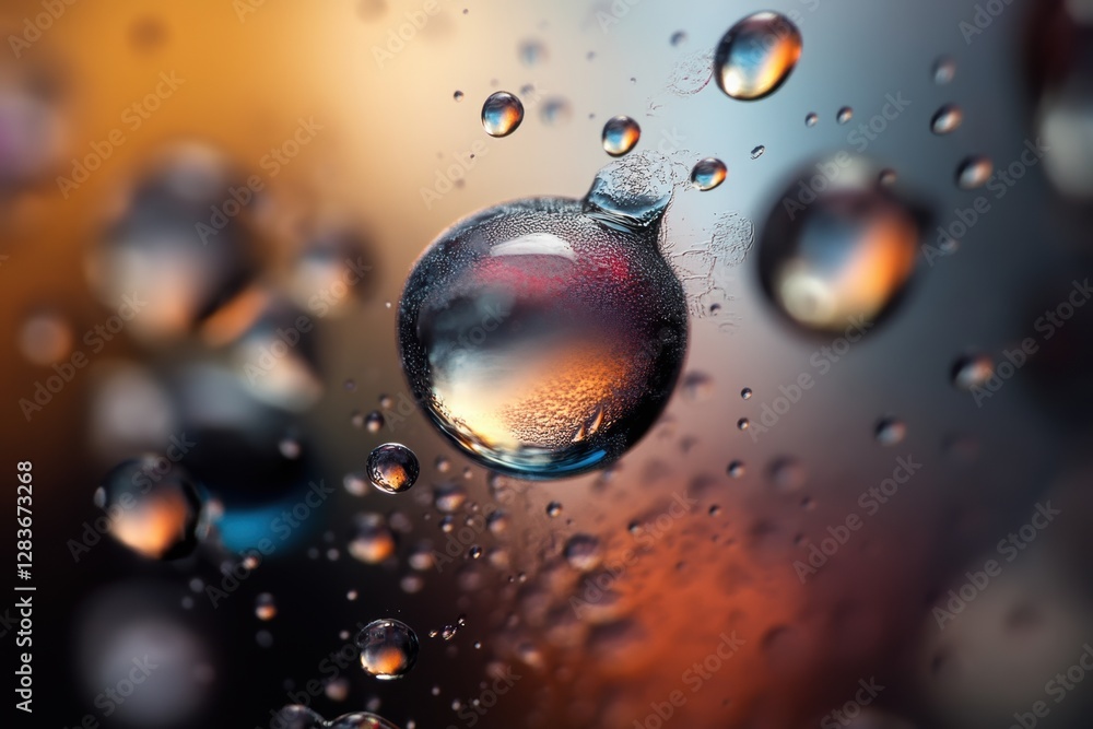 Poster raindrops falling on a window, with visible hues in each drop.