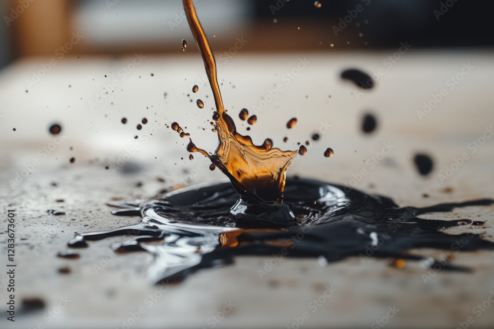 Poster black coffee splashing from a cup, creating various splashes on the table surface.
