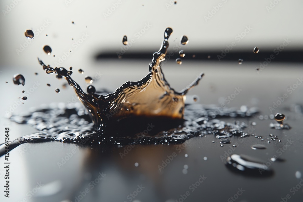 Poster black coffee splashing from a cup, creating various splashes on the table surface.