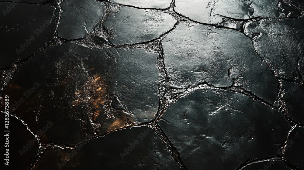 Poster abstract shiny black stone slab background with intricate crack patterns