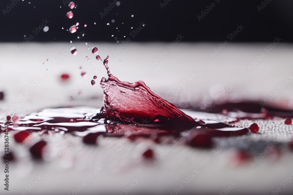 Poster clear focus on a splash of wine spilling onto a tablecloth, with visual hints of red.