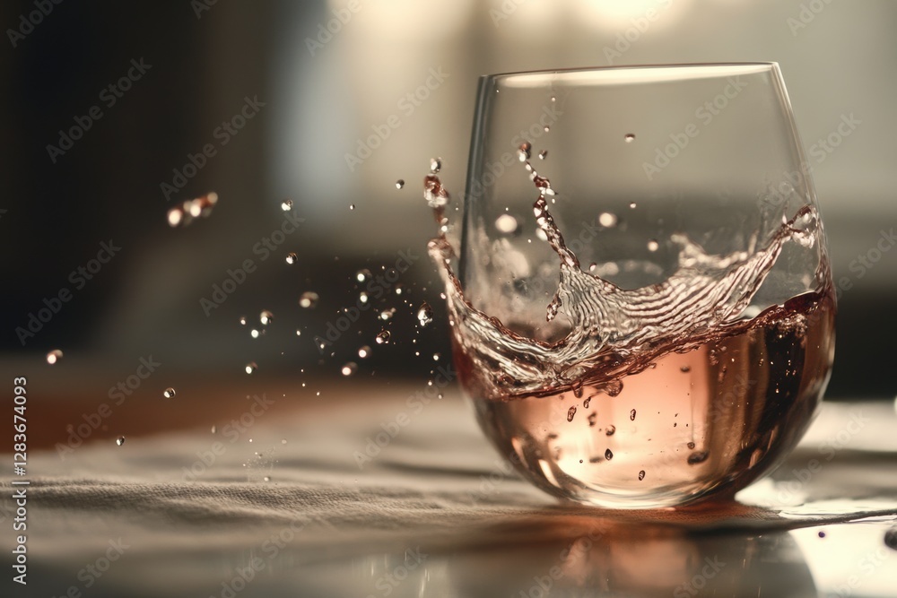 Poster clear focus on a splash of wine spilling onto a tablecloth, with visual hints of red.