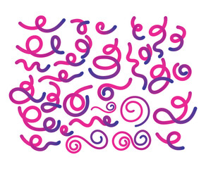 A collection Abstract Color Gradientshapes Lines with wavy lines . Colorful vector.Vector Spiral Confetti Shapes. Birthday Pattern with Color Fluid Elements