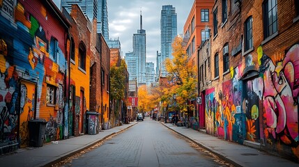 Fototapeta premium Vibrant Street Scene Showcasing Colorful Murals and Urban Art Culture – Generative AI