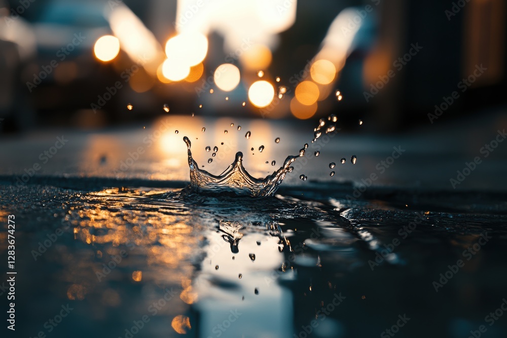 Poster mini splashes of water from a small puddle on the sidewalk, with focus on the drops.