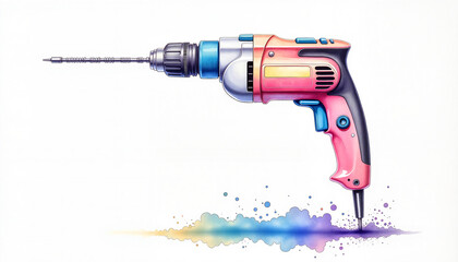 Colorful cordless drill illustration with watercolor splash background, ideal for DIY projects and creative design