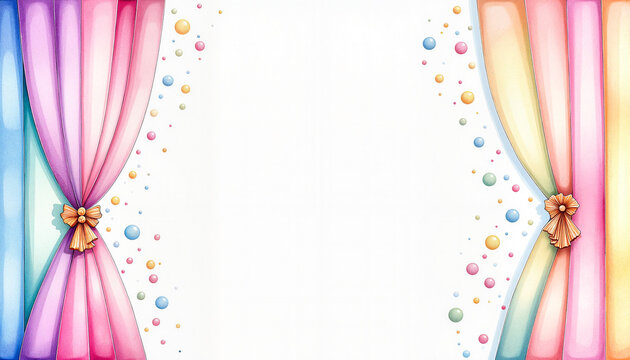 Colorful curtain swatches with soft patterns and decorative ties on a white background, ideal for invitations and stationery design