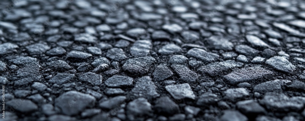 Poster close-up view of a dark asphalt surface showcasing a rough texture filled with a variety of small st