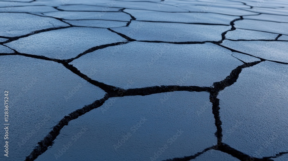 Poster a close-up view of an asphalt surface featuring an intricate pattern of cracks. this texture provide