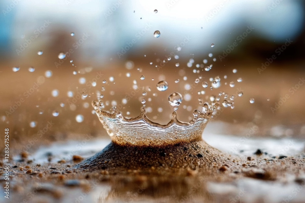 Poster splashes on the surface of the sand on the beach with a sharp focus on the water drop.