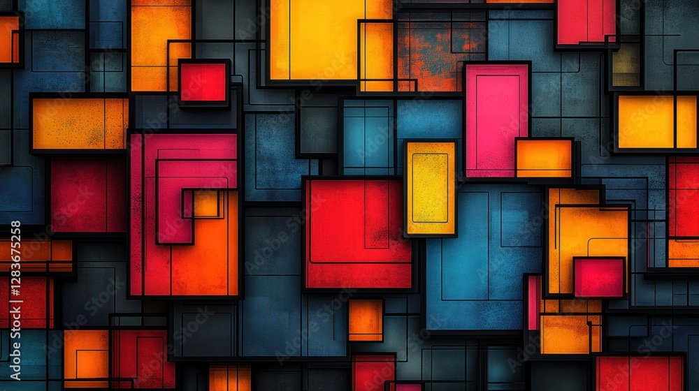 Poster vibrant geometric abstraction, a colorful composition of squares and lines