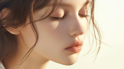 Soft, close-up portrait of a woman with her eyes closed, bathed in warm light, conveying a sense of peace, tranquility, and natural beauty.