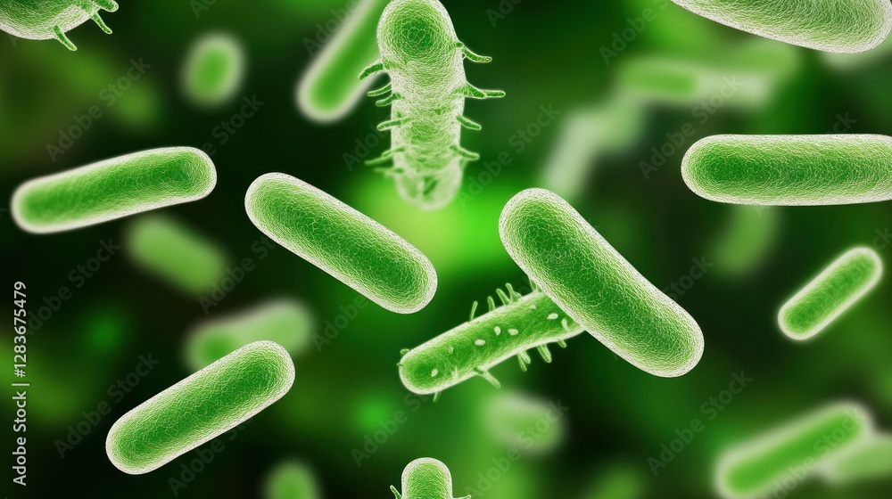 Poster this texture features an array of green bacteria with varied shapes and sizes set against a blurred 