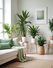 Tropical-themed living room with green and white tones, potted plants.