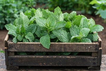 Fresh mint leaves with water drops in a wooden crate, showcasing a natural and healthy ingredient with vibrant green foliage, perfect for culinary and wellness use.