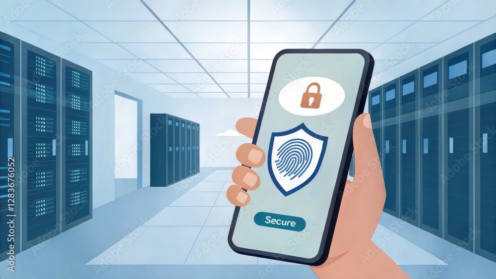 Poster a hand holds a smartphone displaying a fingerprint security feature, set in a corridor with lockers,
