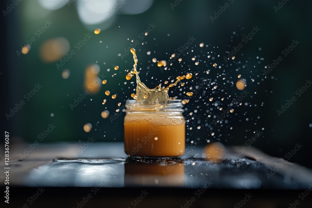 Aufkleber spilling liquid from a jar or bottle, creating symmetrical splashes on the table.