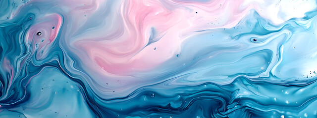 A close-up of an abstract painting with swirling patterns in shades of blue and pink

