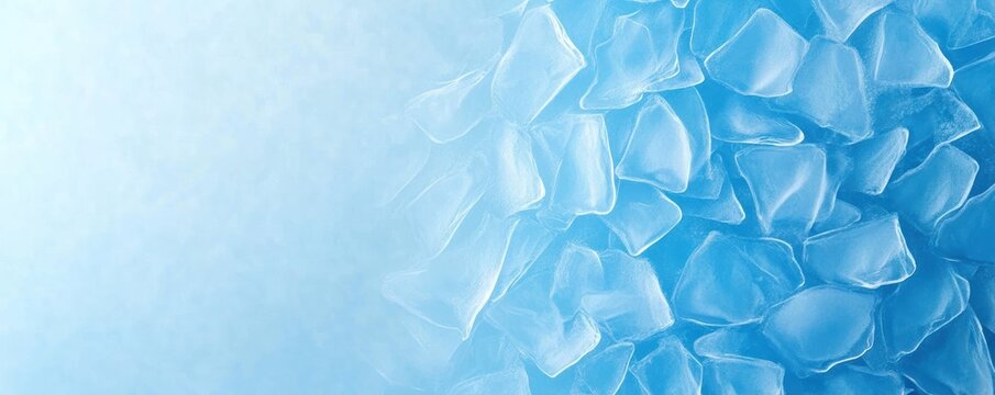 This background features a detailed blue ice texture with clear and translucent ice pieces. It provides ample copy space on one side making it versatile for creative projects and graphics