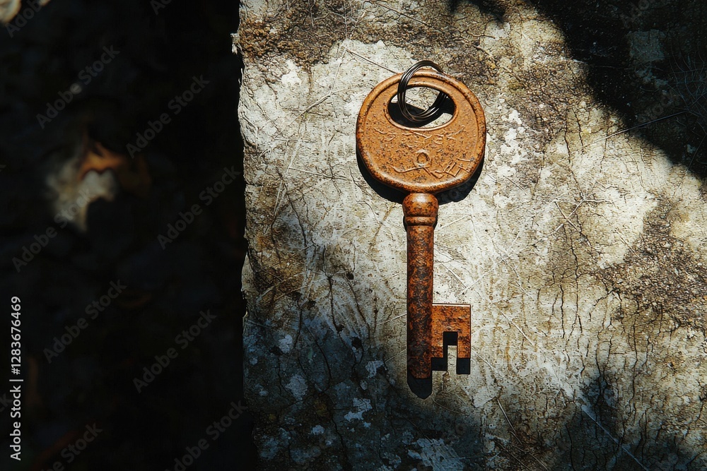 Poster an old, rusty key rests on a weathered stone surface, catching the light and shadow, creating a vint