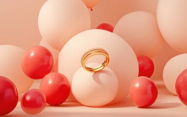 Gold ring on pastel balloons, celebration