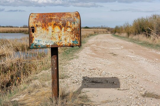 A rusty old mailbox along a dirt road evokes a sense of forgotten memories, amidst a serene, countryside landscape, and an idyllic lake and cloudy sky.