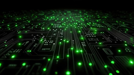 Circuit board technology, glowing green lights, futuristic background. Possible use stock photo for technology, innovation, or abstract concepts