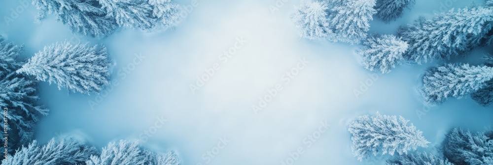 Poster aerial view of a snowy forest creating a natural frame around a clear space, showcasing the serene b